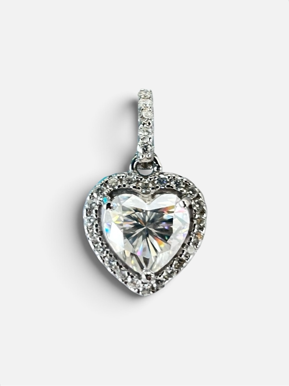 Sterling Silver Moissanite Heart Shape Halo Pendant